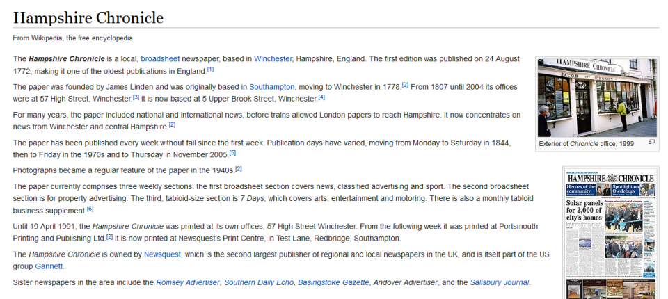 The Hampshire Chronicle's Wikipedia page (slightly out of date: it's no longer a broadsheet)