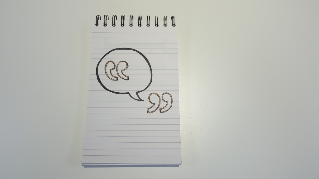 Reporter's notebook with speech bubble and speech marks: long form interviews have a lot to say